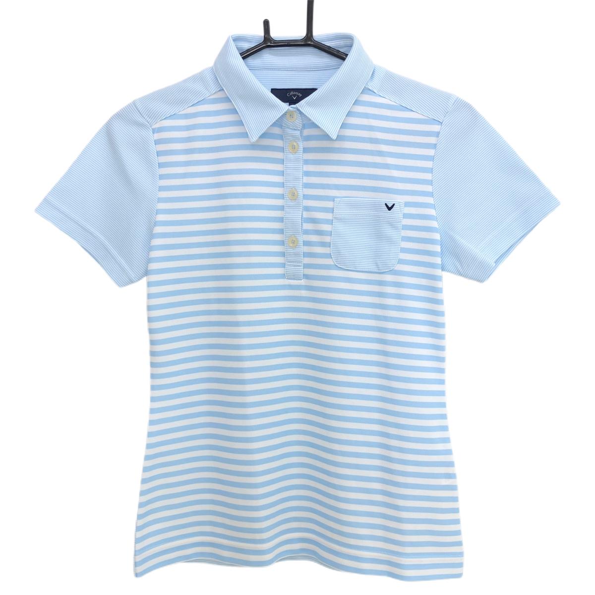 【美品】キャロウェイ 半袖ポロシャツ ライトブルー×白 ボーダー 胸ポケット  レディース M ゴルフウェア Callaway