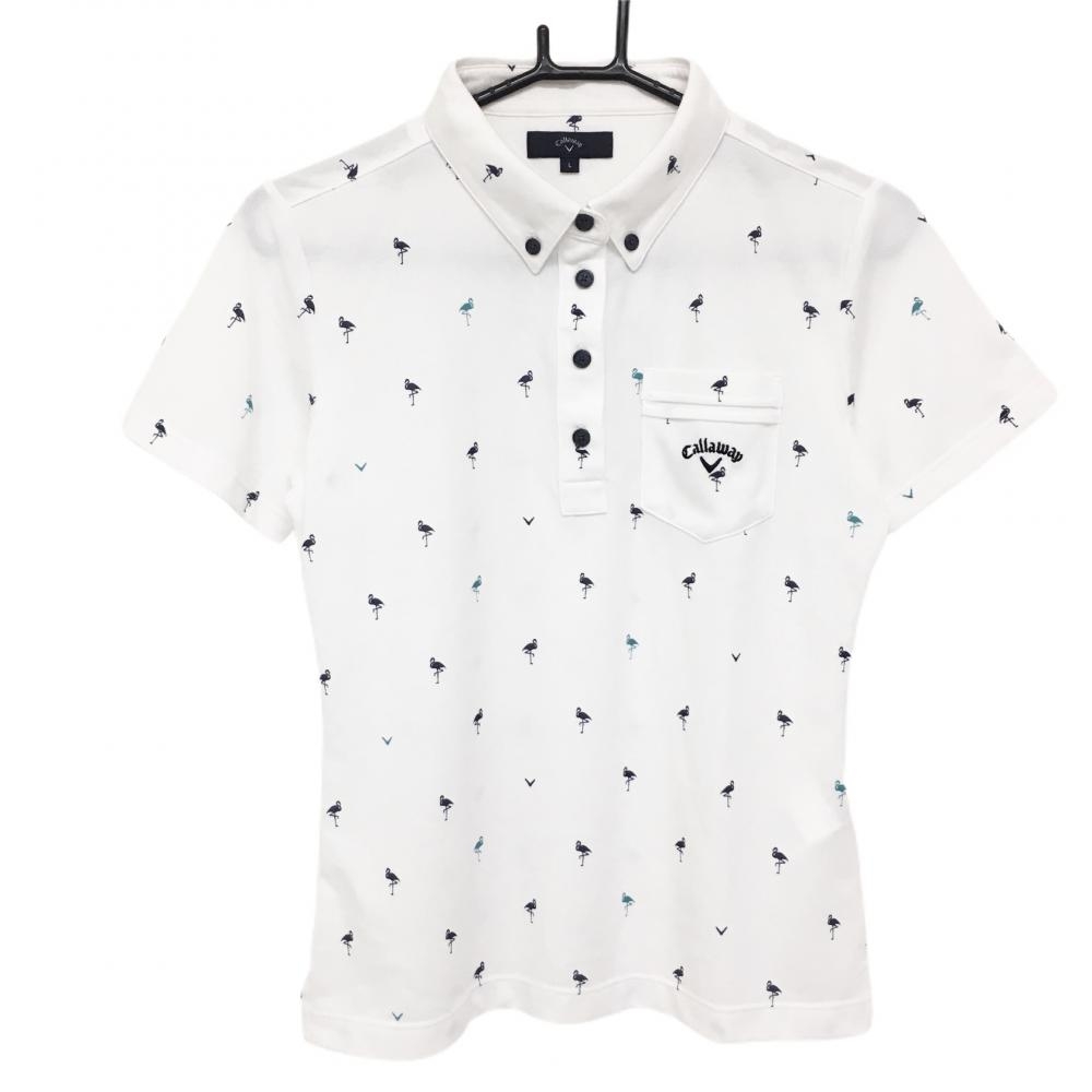 【美品】キャロウェイ 半袖ポロシャツ 白×ネイビー フラミンゴ柄 ロゴ刺しゅう レディース L ゴルフウェア Callaway