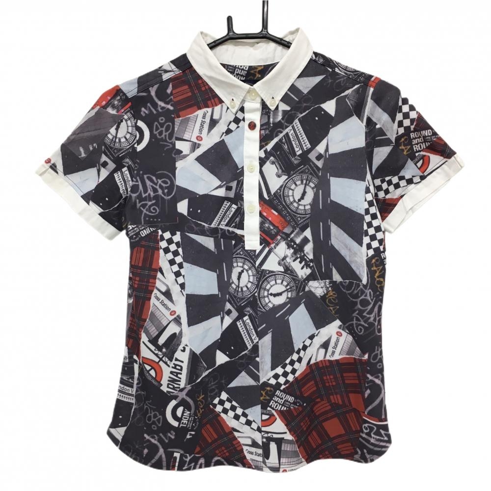 【美品】キャロウェイ 半袖ポロシャツ 白×ダークグレー 写真総柄 ボタンダウン レディース M ゴルフウェア Callaway