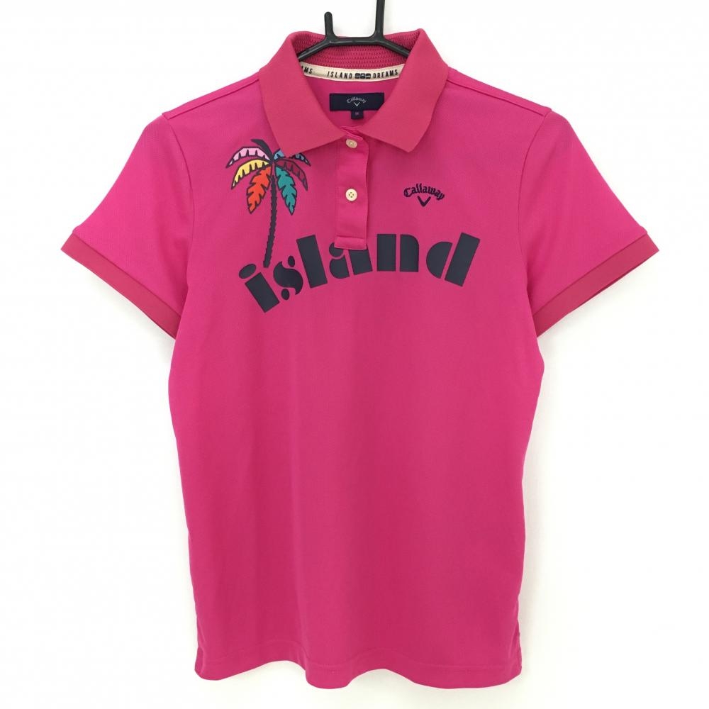 【超美品】キャロウェイ 半袖ポロシャツ ピンク×黒 ヤシの木プリント 襟一部透かし編み レディース M ゴルフウェア Callaway