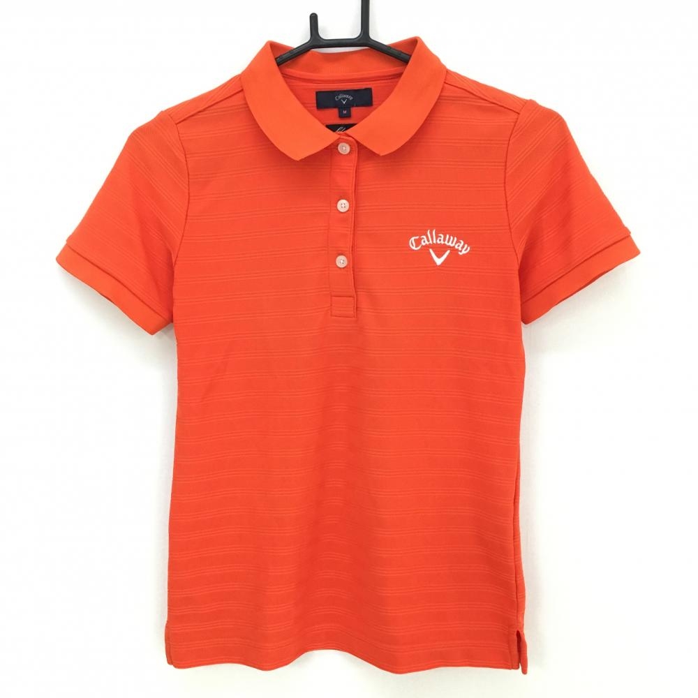 【超美品】キャロウェイ 半袖ポロシャツ オレンジ ボーダー織生地 ロゴ刺しゅう レディース M ゴルフウェア Callaway