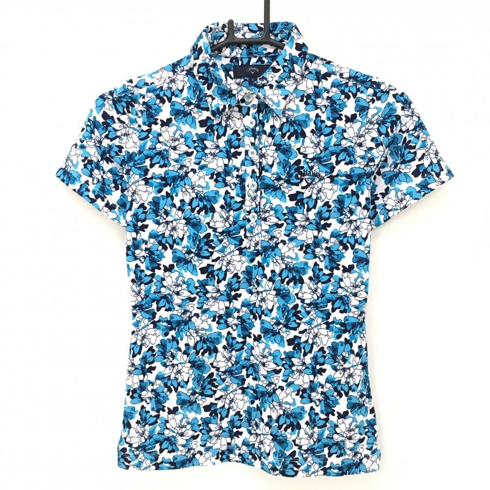 【超美品】キャロウェイ 半袖ポロシャツ 白×ライトブルー 花柄 ロゴ刺しゅう レディース S ゴルフウェア Callaway