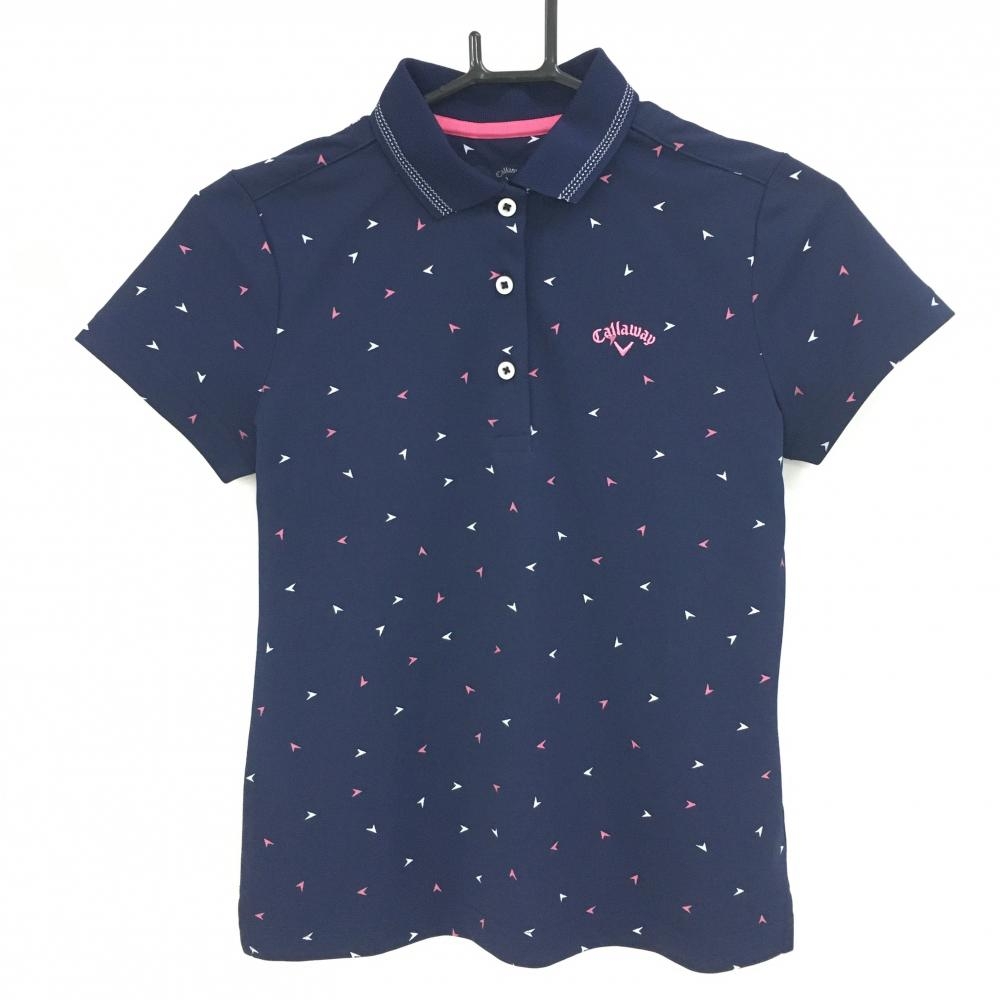 【超美品】キャロウェイ 半袖ポロシャツ ネイビー×ピンク ロゴ総柄 レディース S ゴルフウェア Callaway