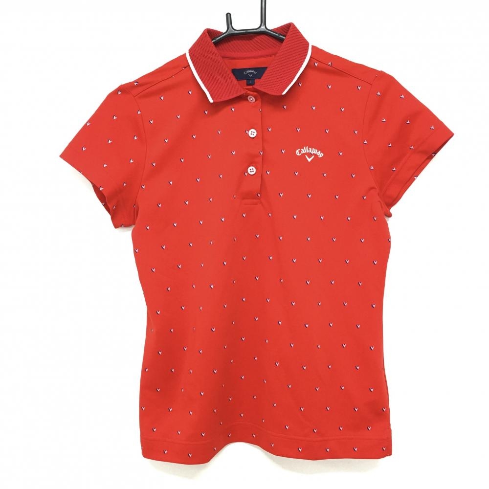 【超美品】キャロウェイ 半袖ポロシャツ レッド×白 ハート柄 襟織生地 胸刺しゅう レディース L ゴルフウェア Callaway