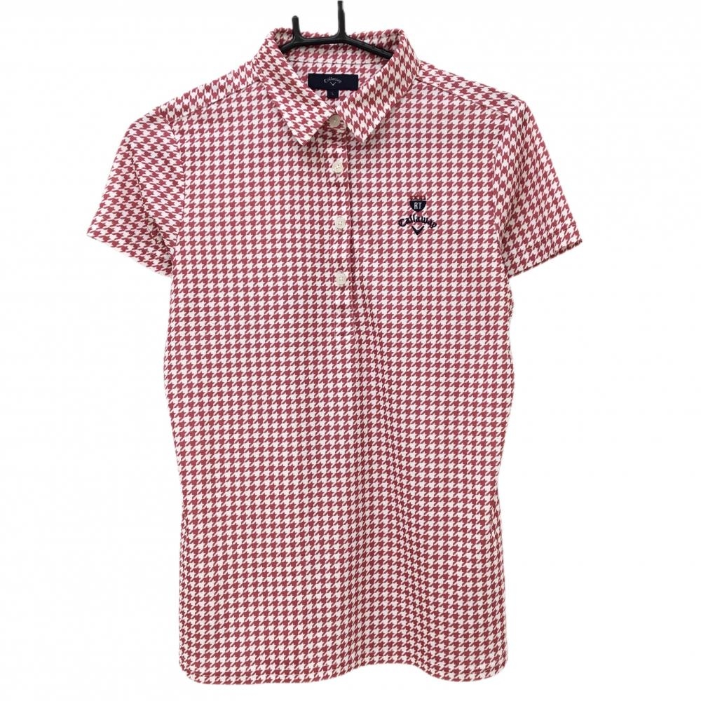 【超美品】キャロウェイ 半袖ポロシャツ 白×ピンク 千鳥格子 ロゴ刺しゅう  レディース L ゴルフウェア Callaway