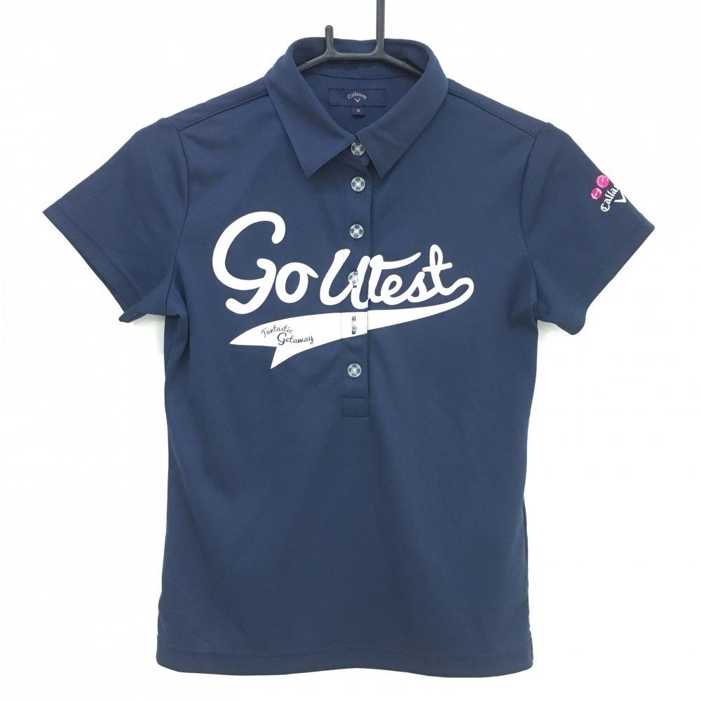【美品】キャロウェイ 半袖ポロシャツ ネイビー×白 フロント英字 レディース M ゴルフウェア Callaway