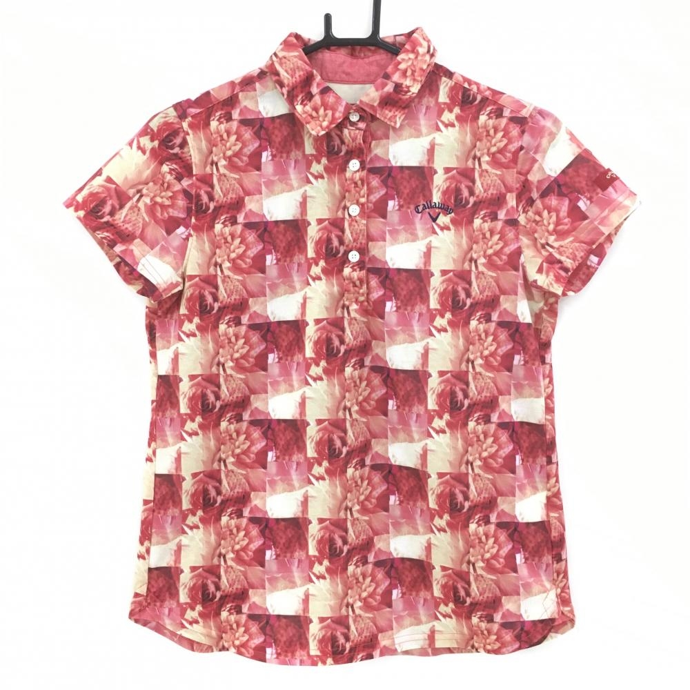 キャロウェイ レッドレーベル 半袖ポロシャツ レッド×ベージュ 花柄 ブロックチェック レディース L ゴルフウェア Callaway