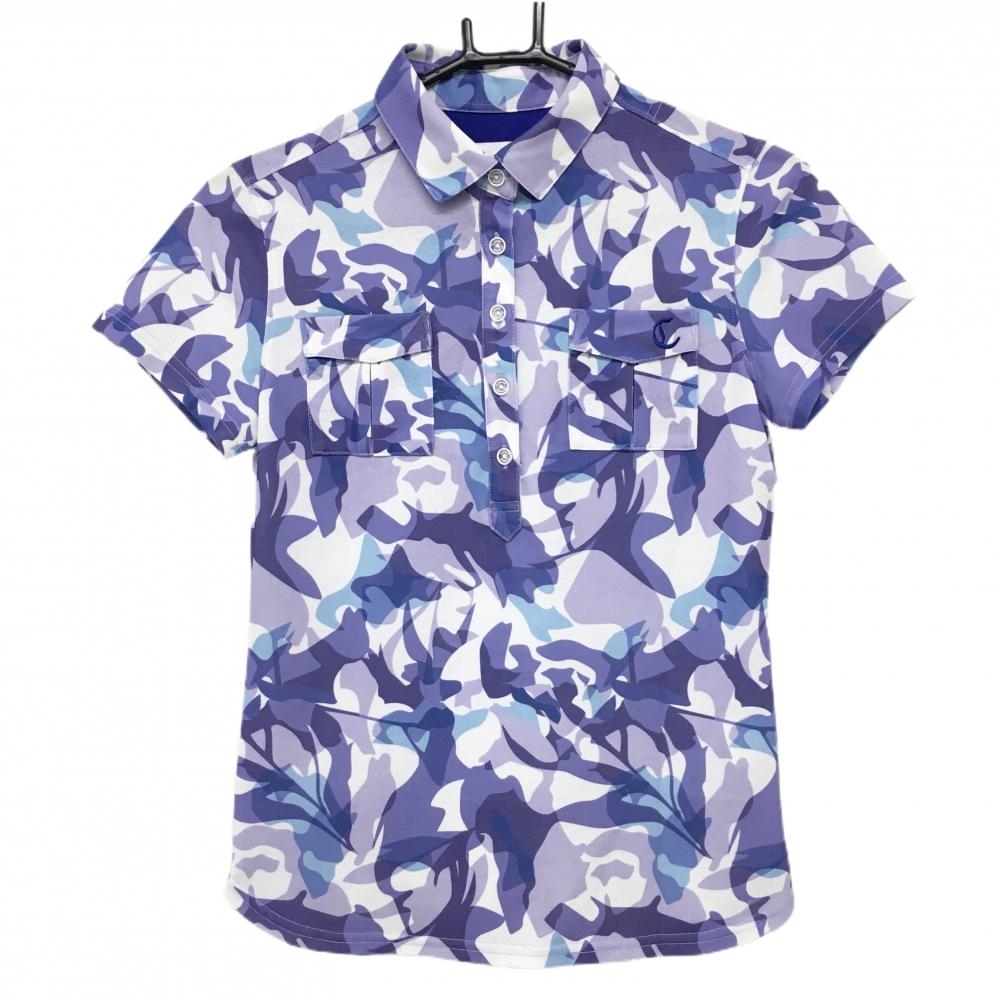 【超美品】キャロウェイ 半袖ポロシャツ 白×パープル 総柄 胸ポケット付 レディース S ゴルフウェア Callaway