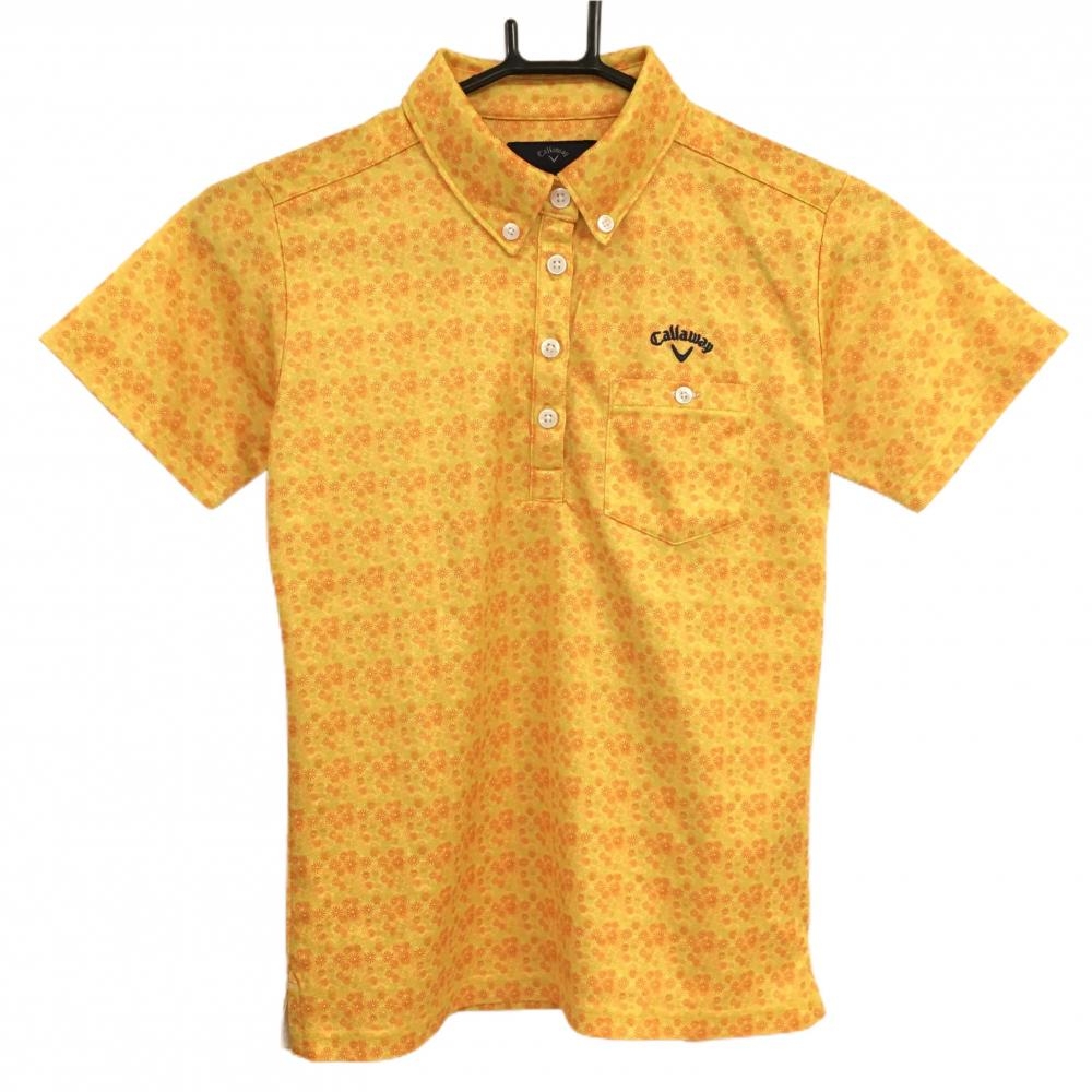 【超美品】キャロウェイ 半袖ポロシャツ イエロー×オレンジ 小花柄 ボタンダウン 胸ポケット付 レディース S ゴルフウェア Callaway