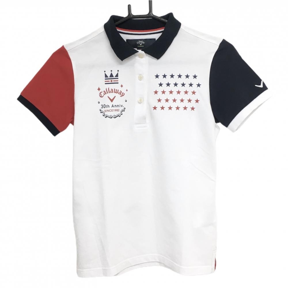 キャロウェイ 半袖ポロシャツ 白×ネイビー 胸星柄 レディース M ゴルフウェア Callaway