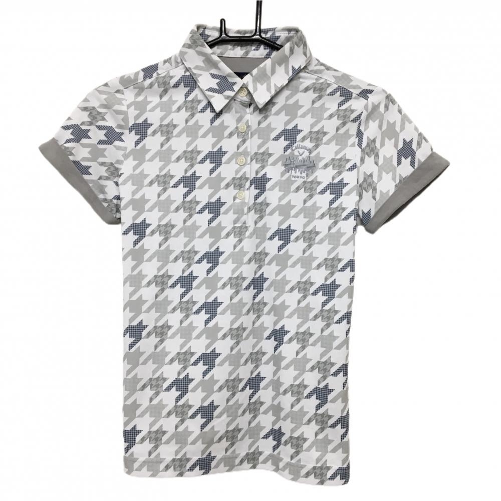 キャロウェイ 半袖ポロシャツ 白×グレー 千鳥格子柄 ロゴ刺しゅう レディース S ゴルフウェア Callaway