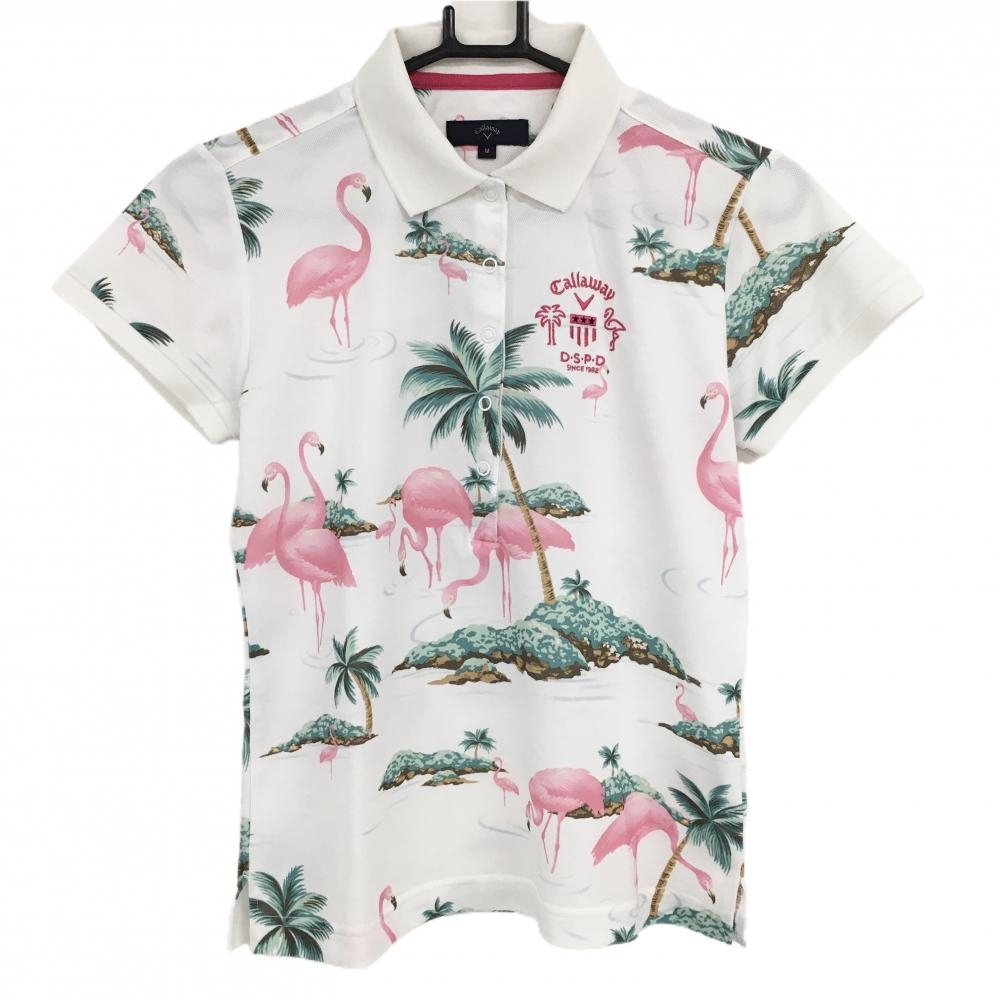 【美品】キャロウェイ 半袖ポロシャツ 白×ピンク フラミンゴ柄 スナップボタン レディース M ゴルフウェア Callaway