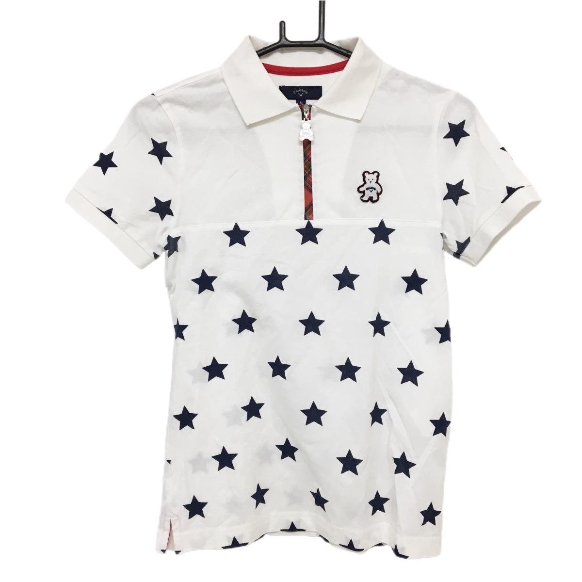 キャロウェイ 半袖ポロシャツ 白×ネイビー 星柄 スター ベア ハーフジップ レディース M ゴルフウェア Callaway