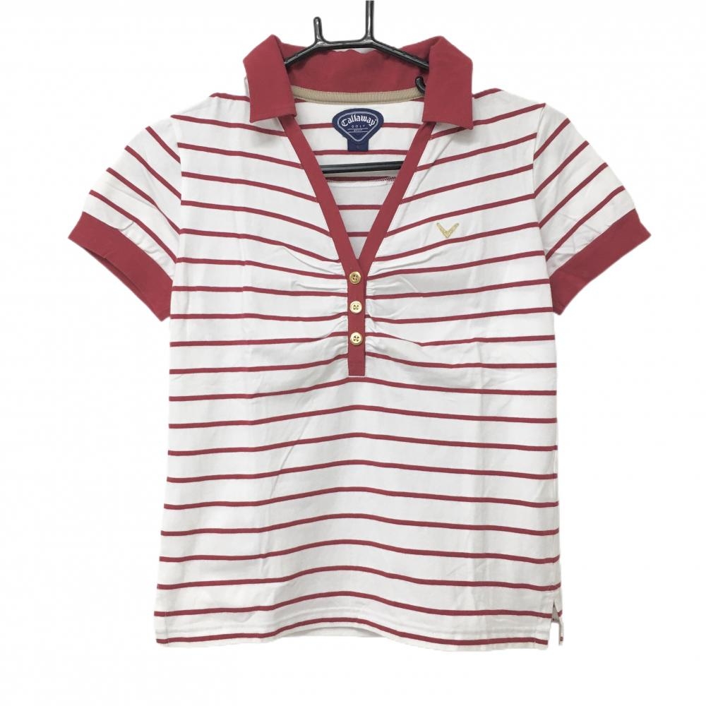 キャロウェイ 半袖ポロシャツ 白×レッド ボーダー レディース S ゴルフウェア Callaway