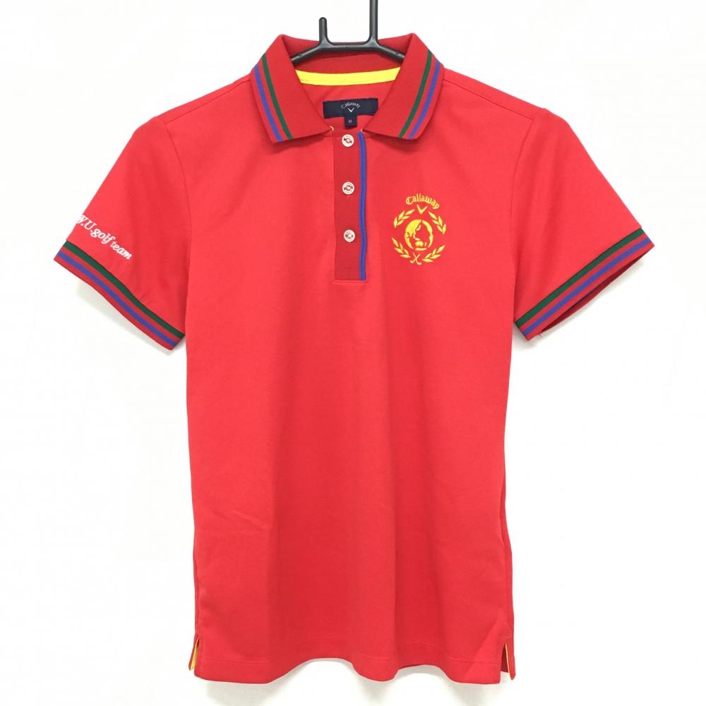 【超美品】キャロウェイ 半袖ポロシャツ レッド 袖・襟ライン ロゴ刺しゅう レディース M ゴルフウェア Callaway