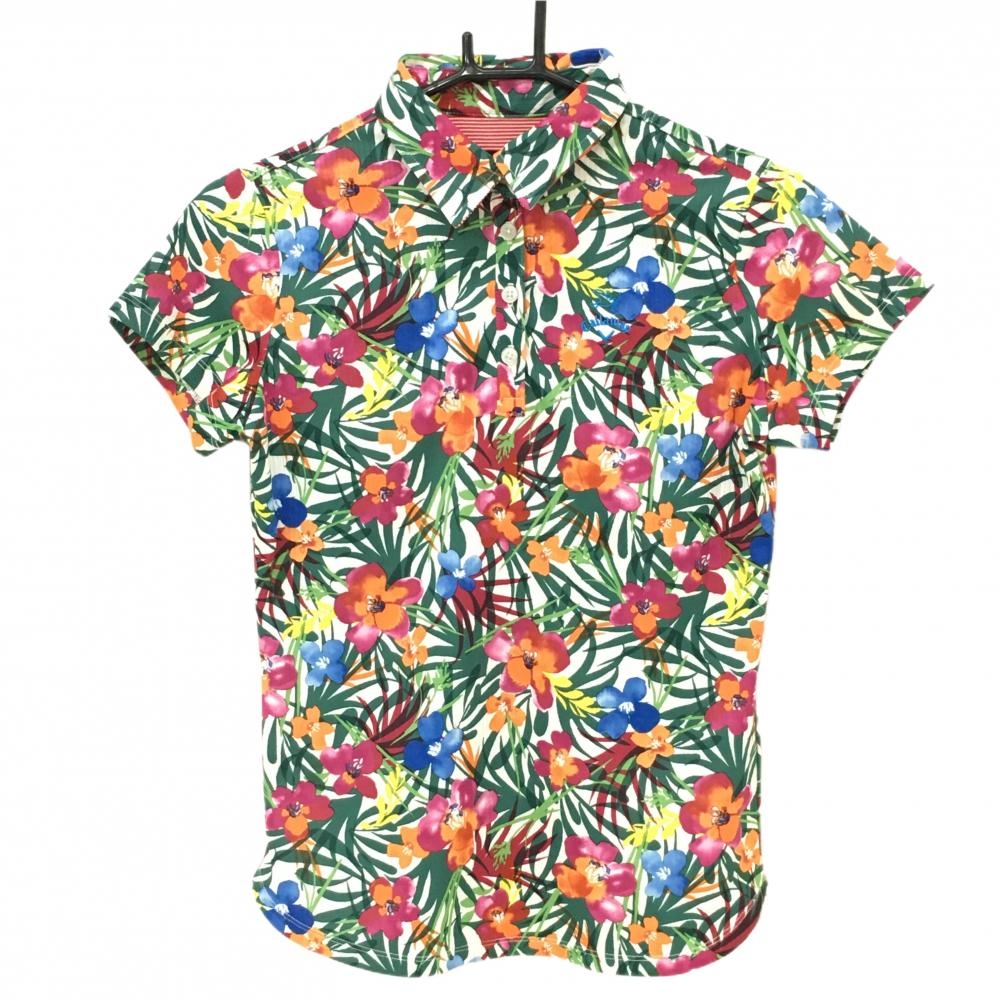 【超美品】キャロウェイ 半袖ポロシャツ グリーン×ピンク 花柄 ストライプ織生地 レディース M ゴルフウェア Callaway