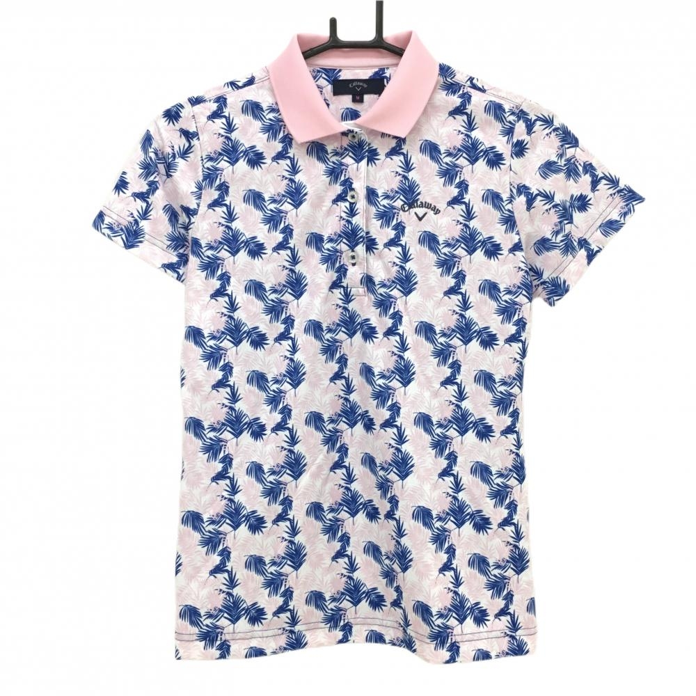 【超美品】キャロウェイ 半袖ポロシャツ 白×ピンク リーフ柄 ロゴ刺しゅう レディース M ゴルフウェア Callaway