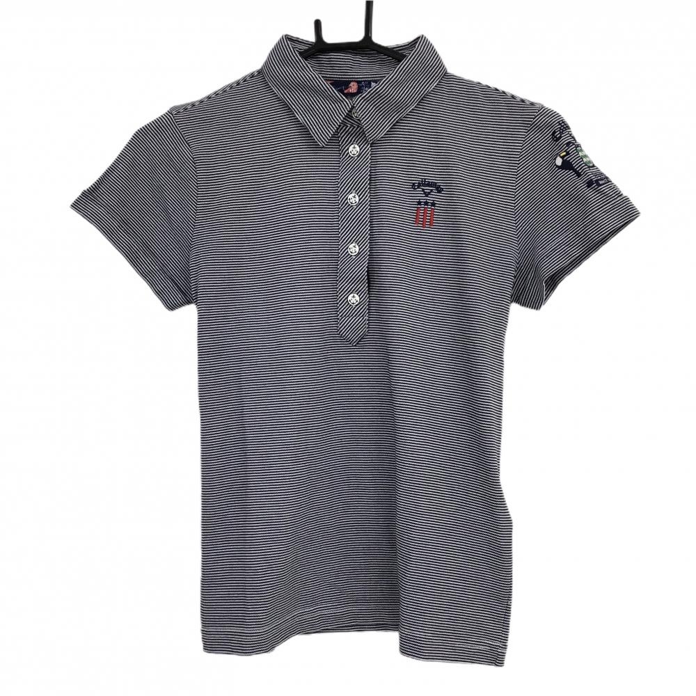 【超美品】キャロウェイ 半袖ポロシャツ 白×ネイビー ボーダー ロゴ刺しゅう レディース M ゴルフウェア Callaway