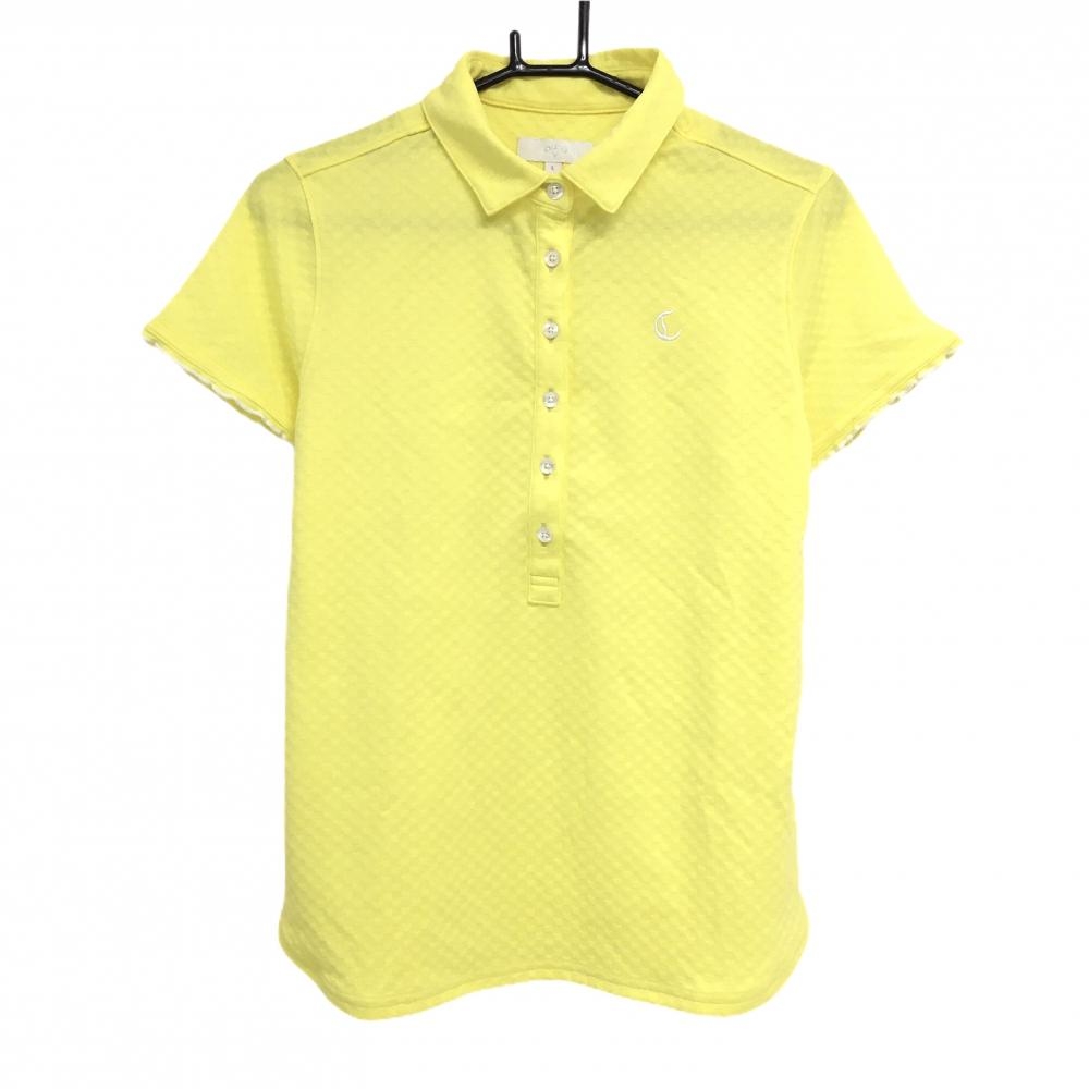 【超美品】キャロウェイ 半袖ポロシャツ イエロー×白 凸凹織生地 袖口フリル レディース L ゴルフウェア Callaway