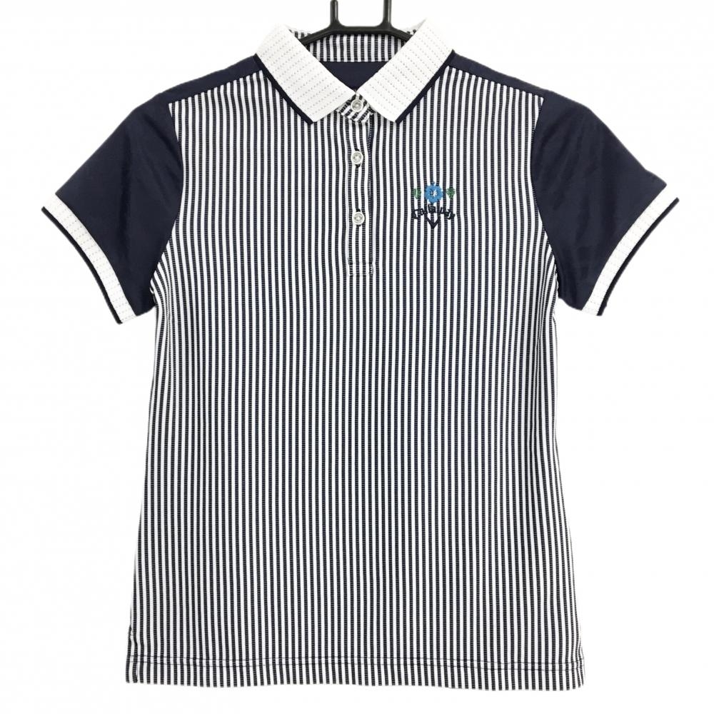 【超美品】キャロウェイ 半袖ポロシャツ ネイビー×白 前身頃ストライプ 背面地模様 レディース S ゴルフウェア Callaway