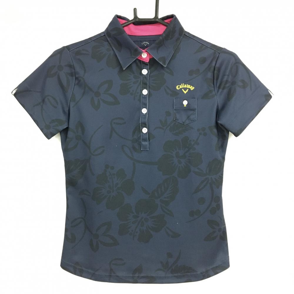 キャロウェイ 半袖ポロシャツ ネイビー ハイビスカス柄 レディース S ゴルフウェア Callaway