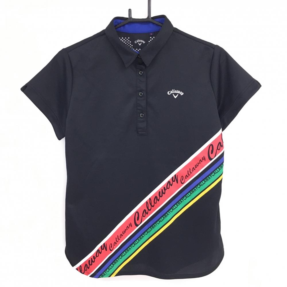 キャロウェイ 半袖ポロシャツ 黒×マルチカラー 腹部斜めプリント ロゴ刺しゅう レディース LL ゴルフウェア Callaway