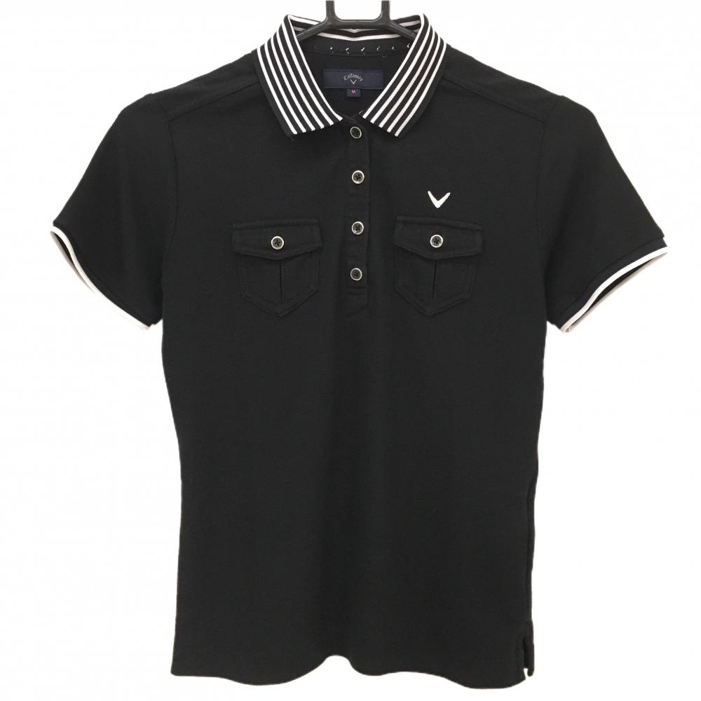 キャロウェイ 半袖ポロシャツ 黒 襟ボーダー 胸ポケット レディース M ゴルフウェア Callaway