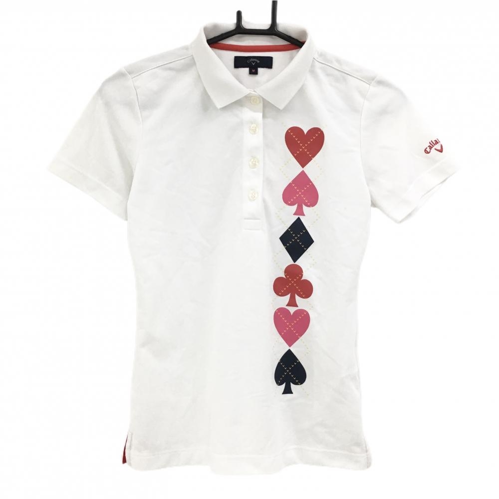 キャロウェイ 半袖ポロシャツ 白×レッド トランプ柄 レディース M ゴルフウェア Callaway