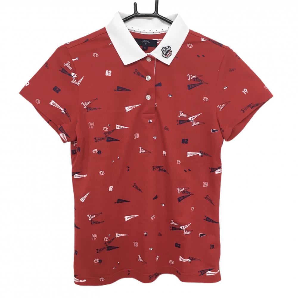 キャロウェイ 半袖ポロシャツ レッド×白 フラッグ柄 レディース LL ゴルフウェア Callaway