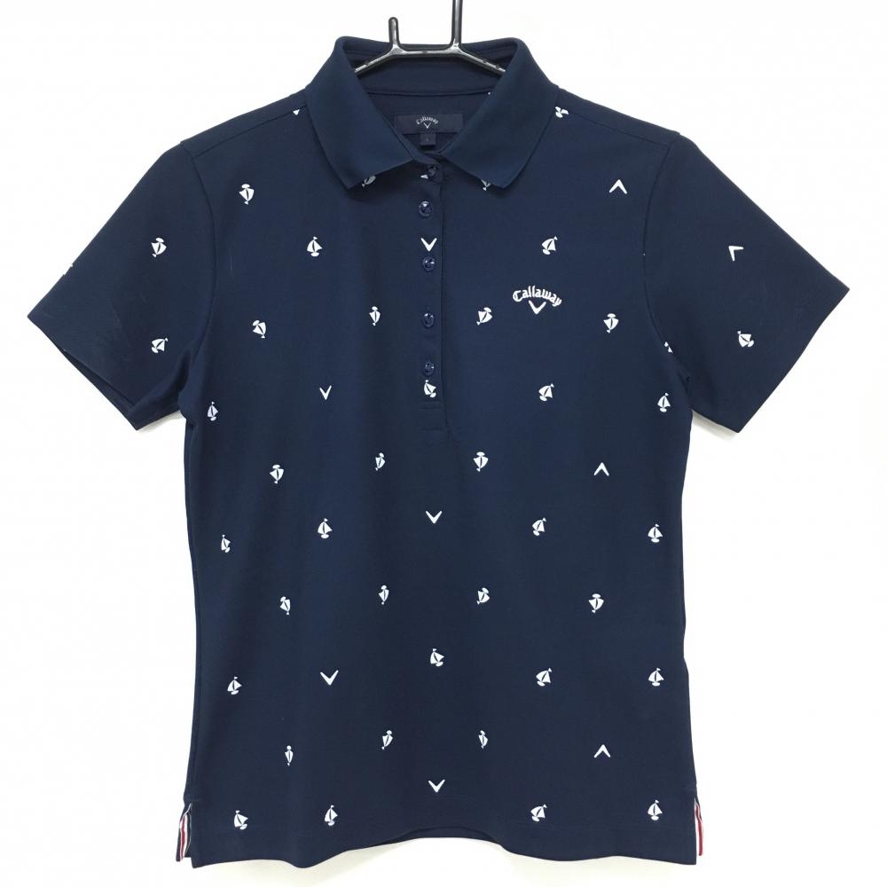 キャロウェイ 半袖ポロシャツ ネイビー×白 総柄 ヨット レディース L ゴルフウェア Callaway
