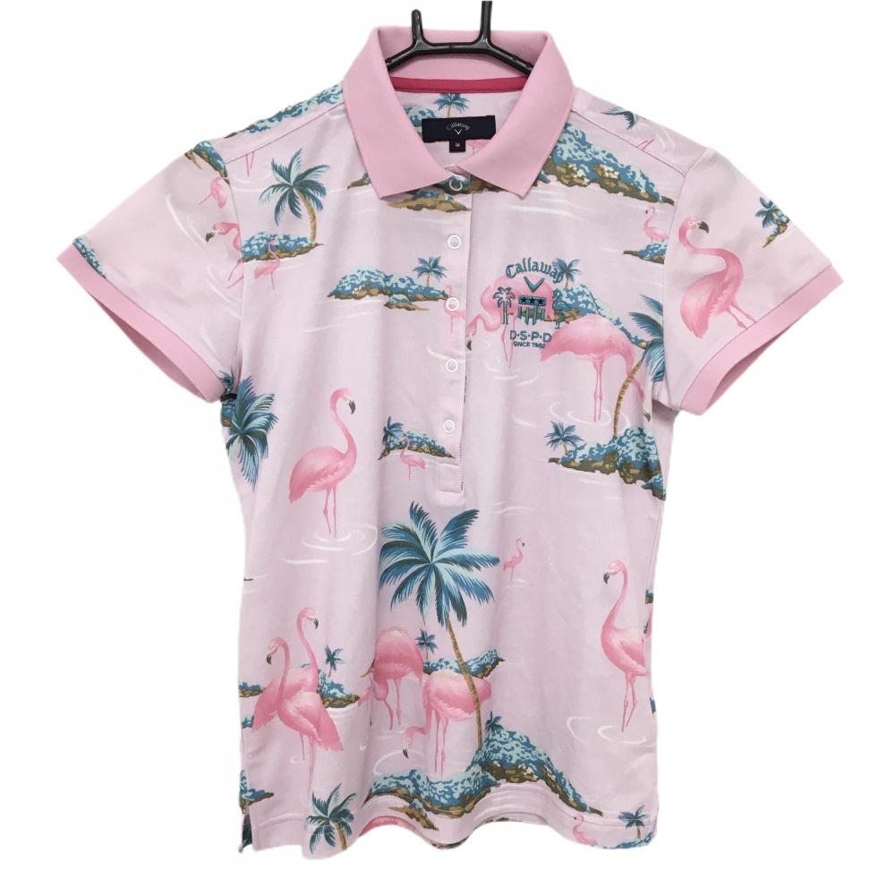キャロウェイ 半袖ポロシャツ ピンク×ブルー フラミンゴ柄 スナップボタン レディース M ゴルフウェア Callaway