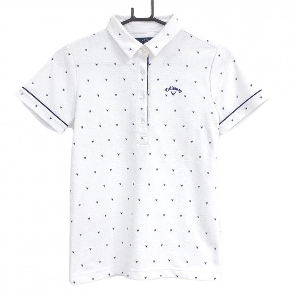【美品】キャロウェイ 半袖ポロシャツ 白×ネイビー ハート柄 総柄織生地 レディース M ゴルフウェア Callaway