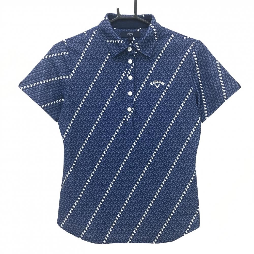【超美品】キャロウェイ 半袖ポロシャツ ネイビー×白 フラミンゴ柄 斜めストライプ調 レディース L ゴルフウェア Callaway