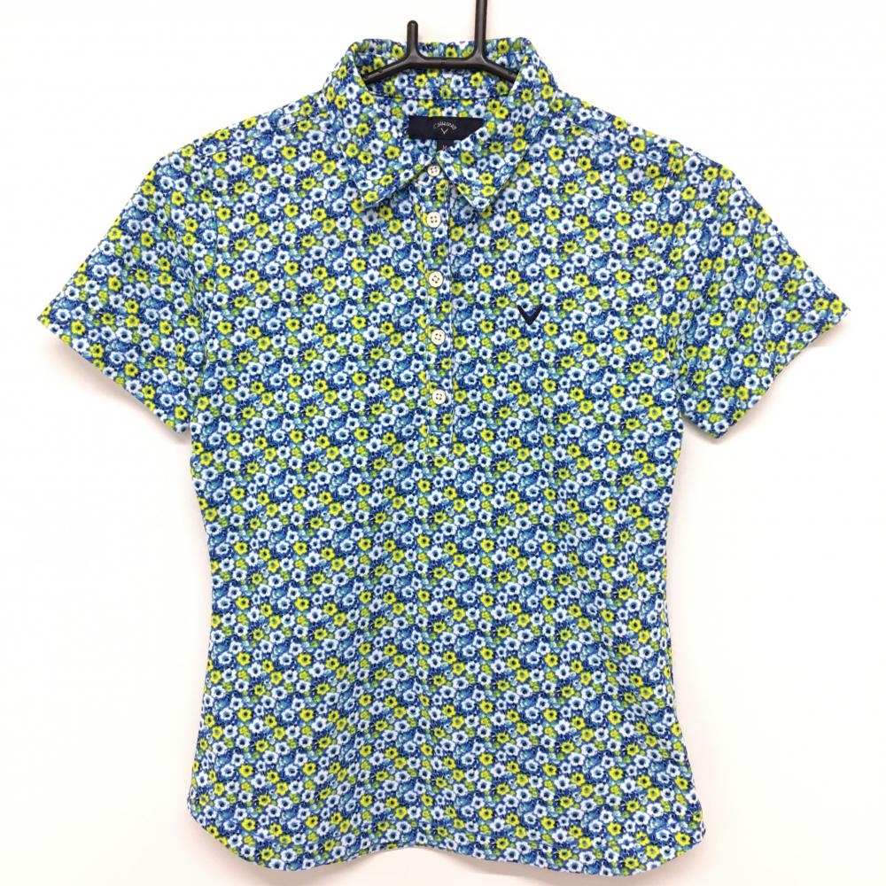 【超美品】キャロウェイ 半袖ポロシャツ ネイビー×イエロー 花柄  レディース M ゴルフウェア Callaway
