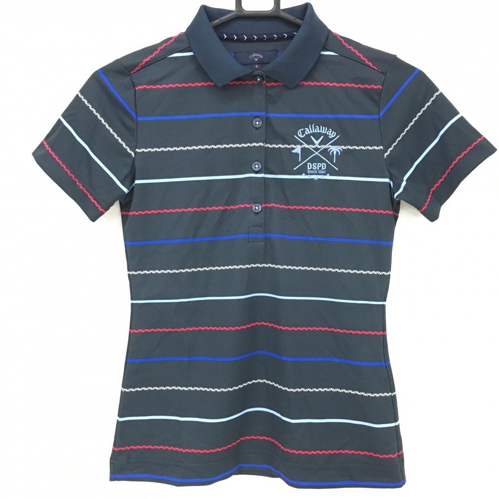 【美品】キャロウェイ 半袖ポロシャツ ネイビー×レッド ボーダー  レディース S ゴルフウェア Callaway