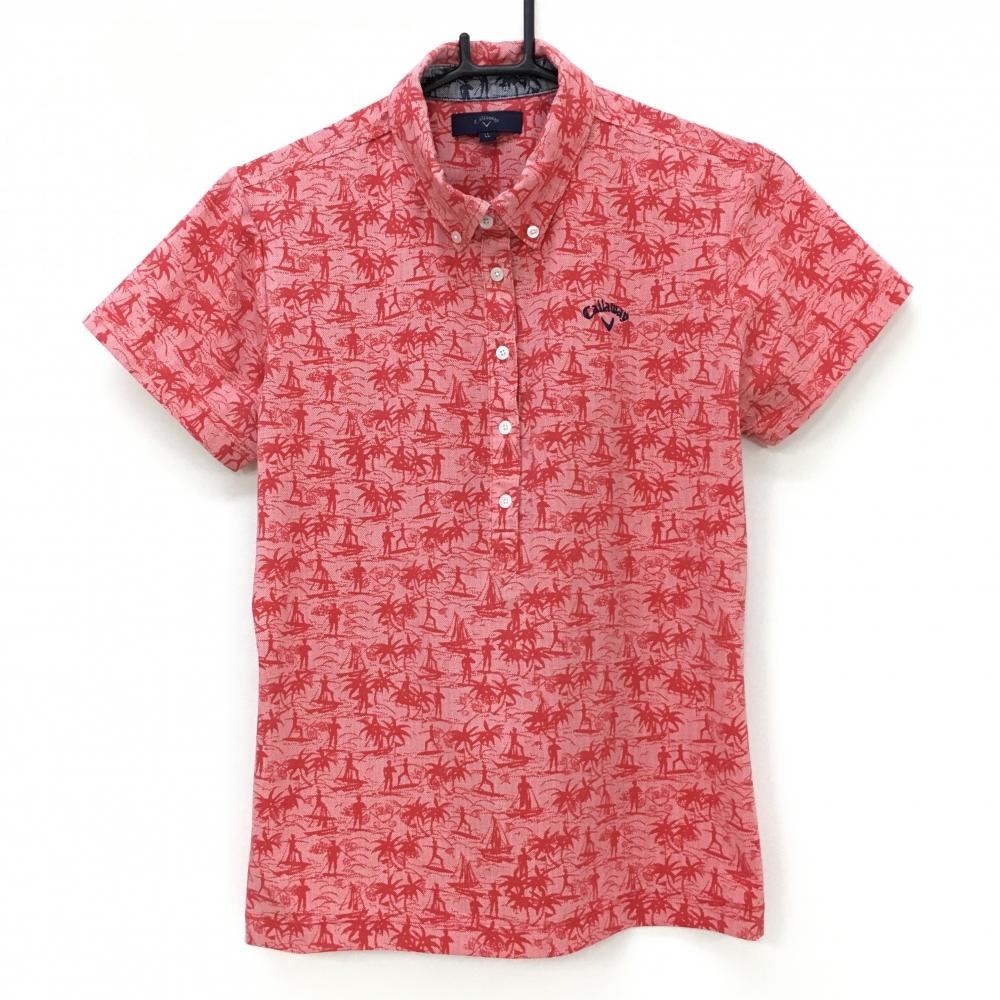 キャロウェイ 半袖ポロシャツ レッド ロゴネイビー 総柄 ヤシの木 レディース LL ゴルフウェア Callaway