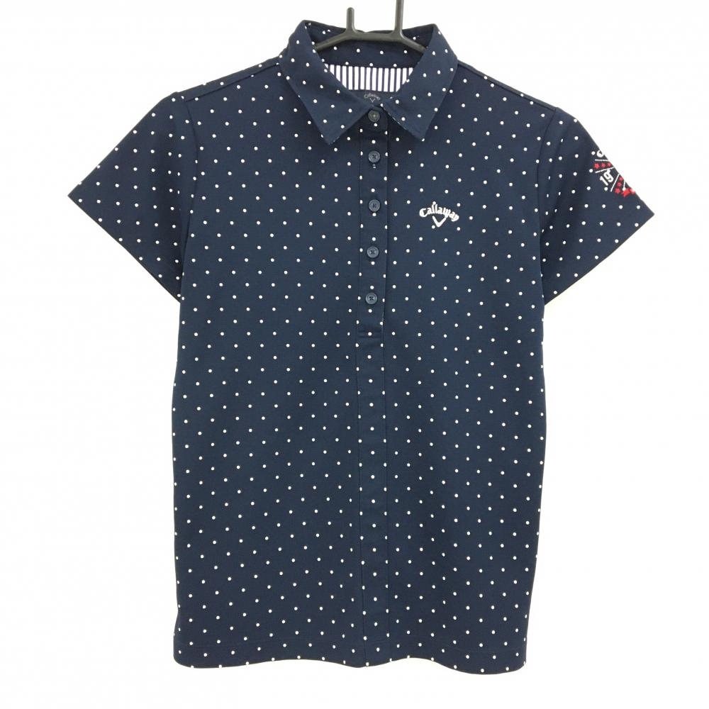 【美品】キャロウェイ 半袖ポロシャツ ネイビー×白 ドット 襟裏ボーダー レディース L ゴルフウェア Callaway