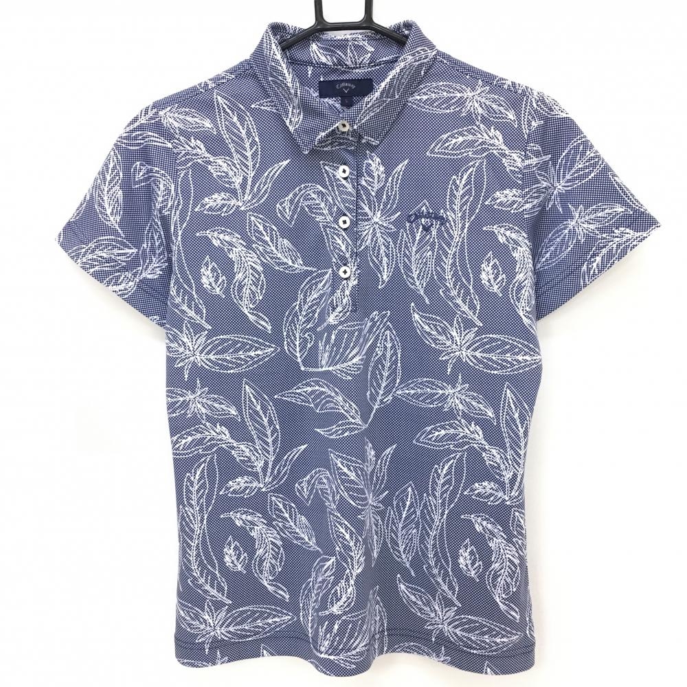 【超美品】キャロウェイ 半袖ポロシャツ ネイビー×白 リーフ柄 レディース L ゴルフウェア Callaway