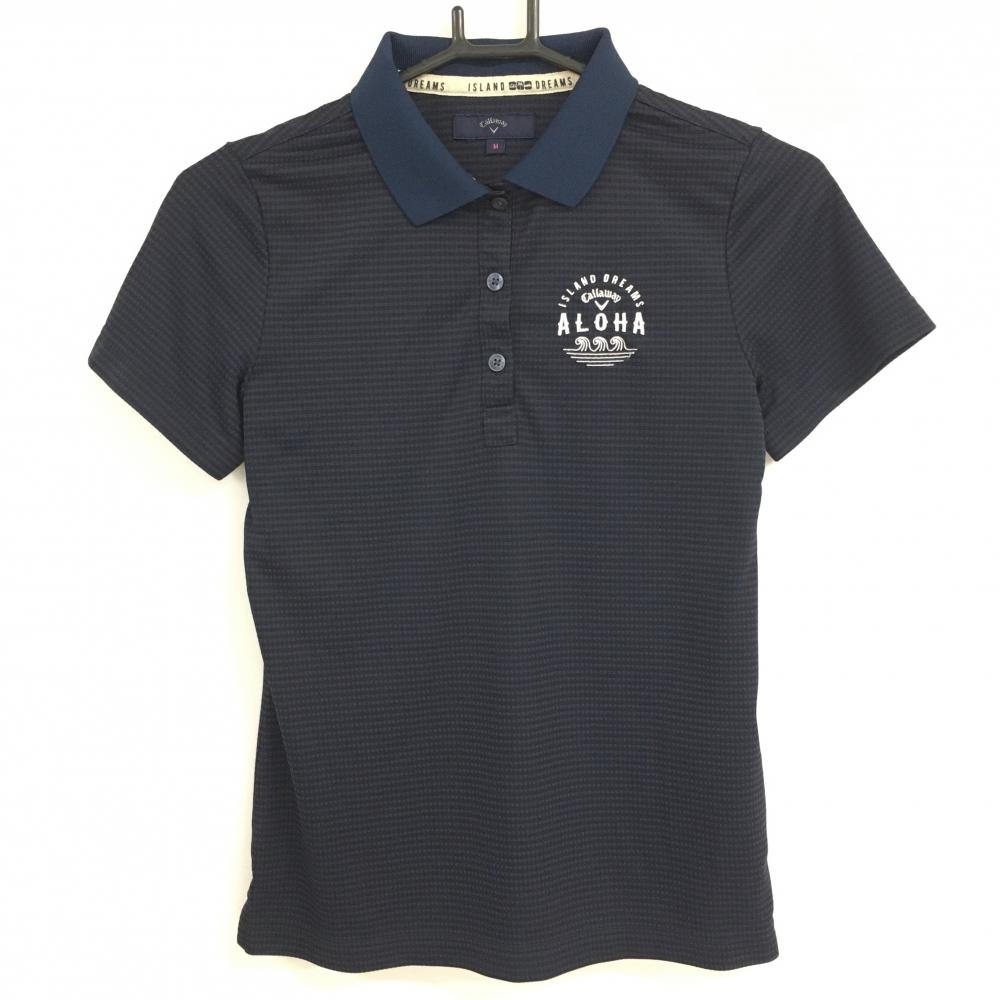 【美品】キャロウェイ 半袖ポロシャツ ネイビー×黒 チェック柄 ロゴ刺しゅう ALOHA レディース M ゴルフウェア Callaway