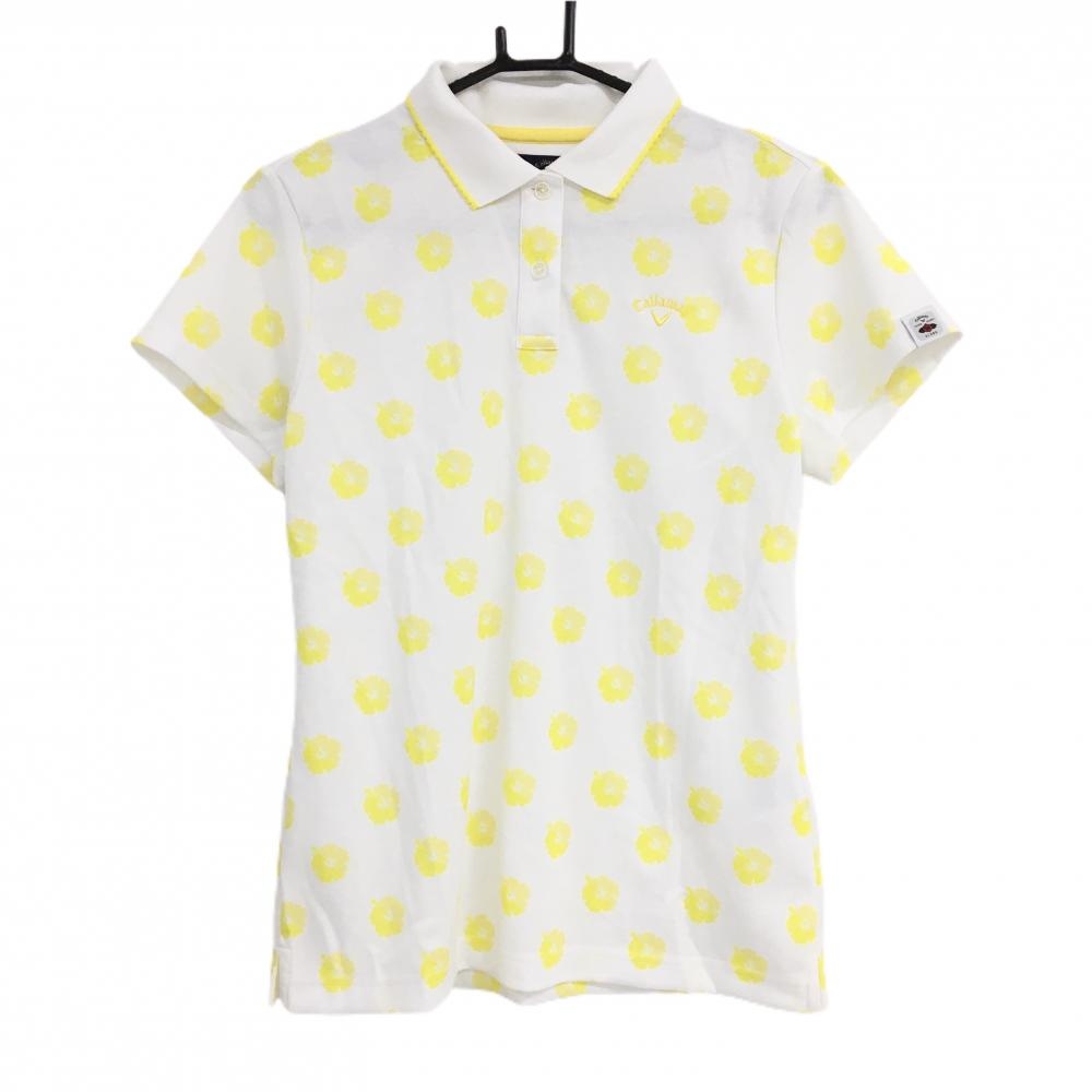 【超美品】キャロウェイ 半袖ポロシャツ 白×イエロー ハイビスカス柄 ロゴ刺しゅう レディース LL ゴルフウェア Callaway
