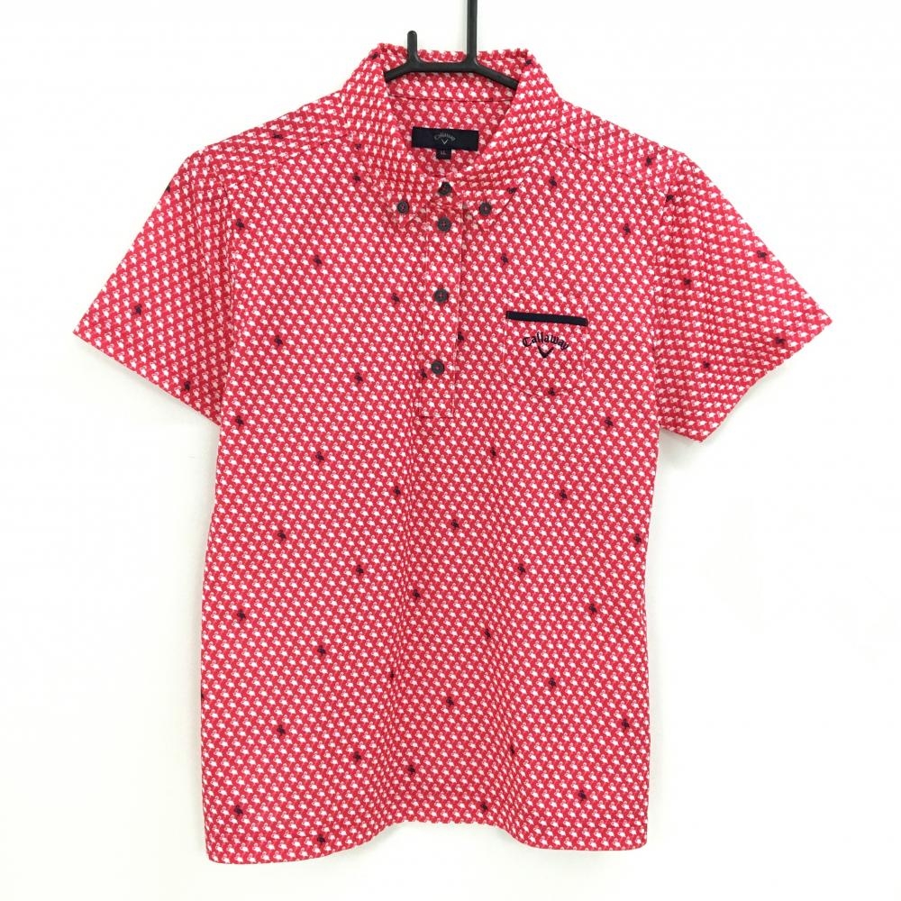 【超美品】キャロウェイ 半袖ポロシャツ レッドピンク×白 フラミンゴ柄 胸ポケット ロゴ刺しゅう レディース LL ゴルフウェア Callaway