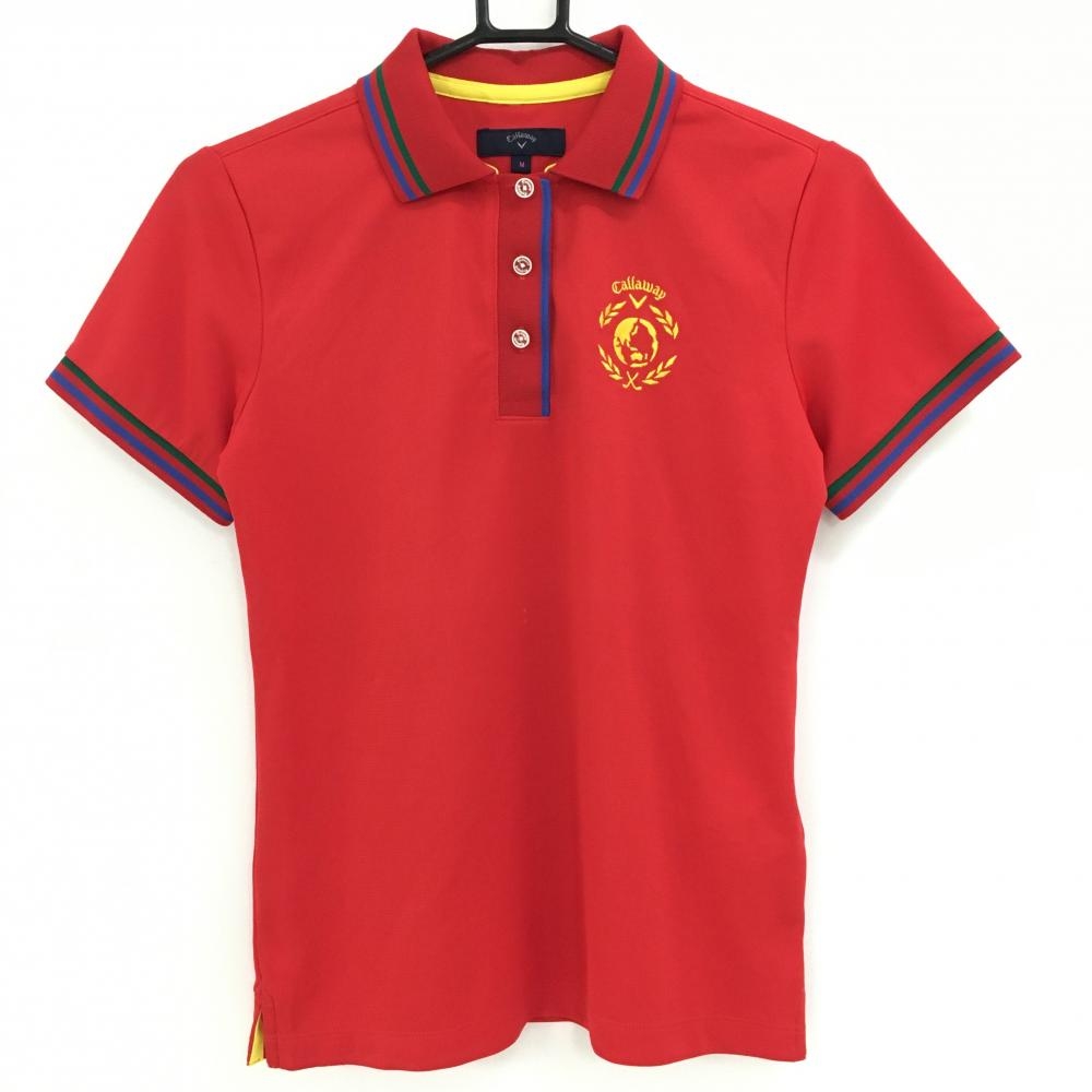 キャロウェイ 半袖ポロシャツ レッド×ブルー 襟袖口ライン 襟裏ロゴ レディース M ゴルフウェア Callaway