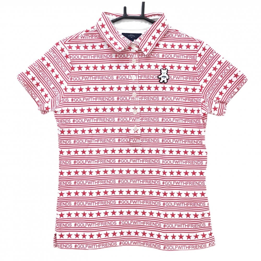 【超美品】キャロウェイ 半袖ポロシャツ 白×レッド 星柄 ボーダー ベアワッペン レディース L ゴルフウェア Callaway