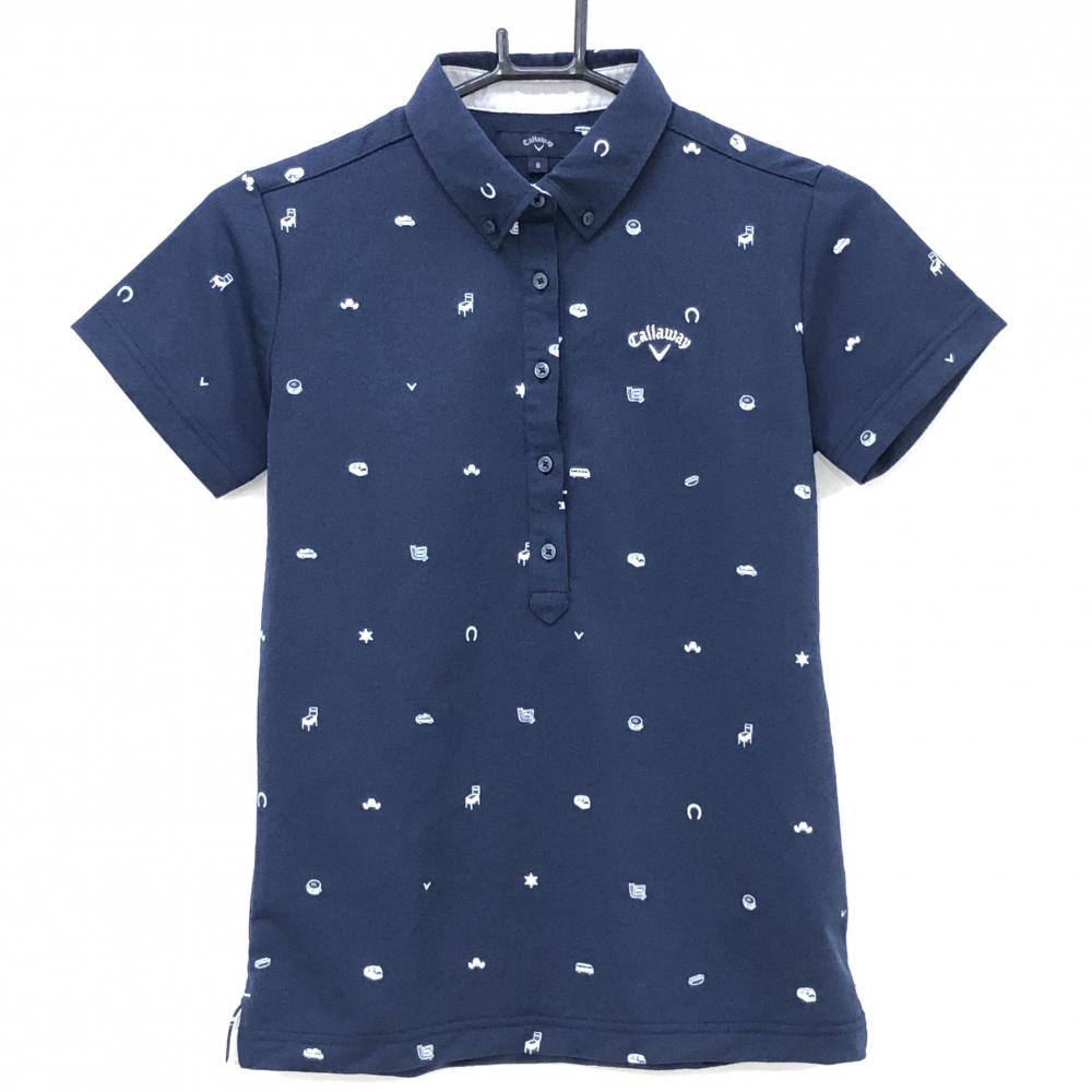 【美品】キャロウェイ 半袖ポロシャツ ネイビー×白 総柄 ロゴ刺しゅう  レディース S ゴルフウェア Callaway