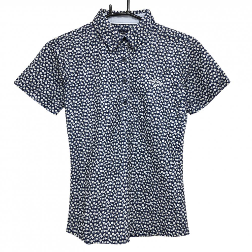 【超美品】キャロウェイ 半袖ポロシャツ ネイビー×白 花柄 ロゴ刺しゅう レディース S ゴルフウェア Callaway