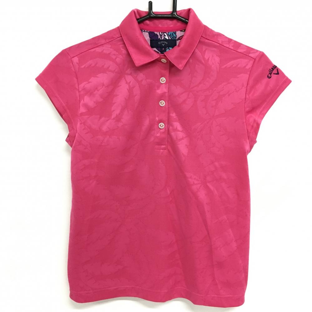 【超美品】キャロウェイ 半袖ポロシャツ ピンク リーフ総柄地模様 レディース S ゴルフウェア Callaway