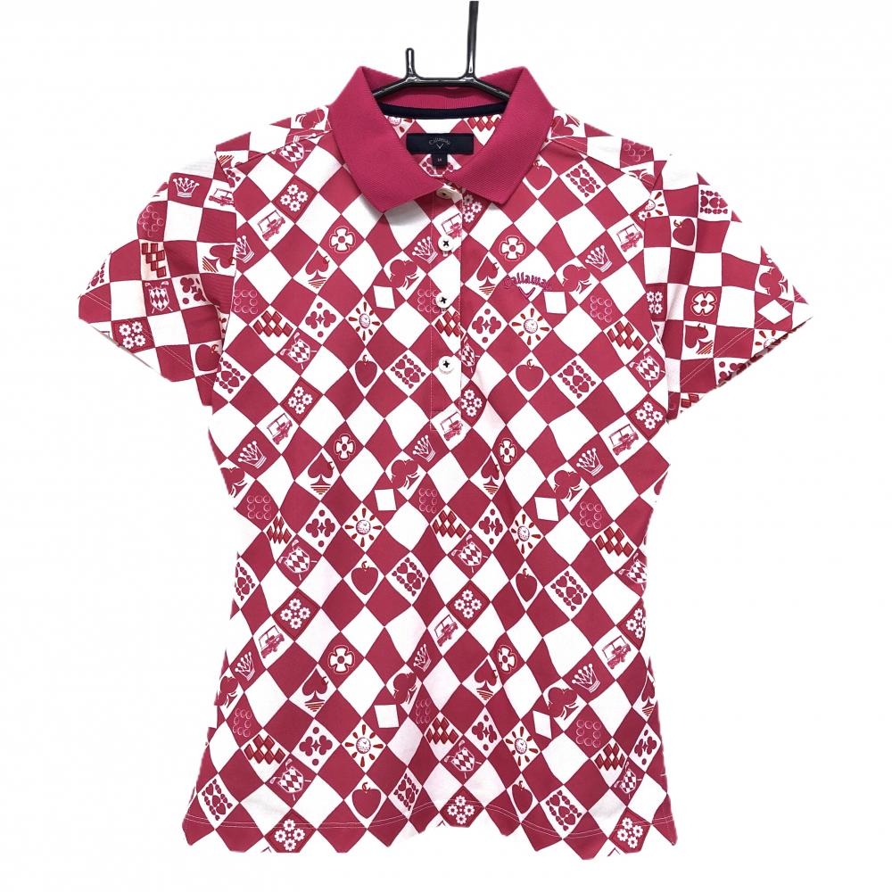 【超美品】キャロウェイ 半袖ポロシャツ ピンク×白 斜めブロックチェック柄風 トランプ柄 レディース M ゴルフウェア Callaway