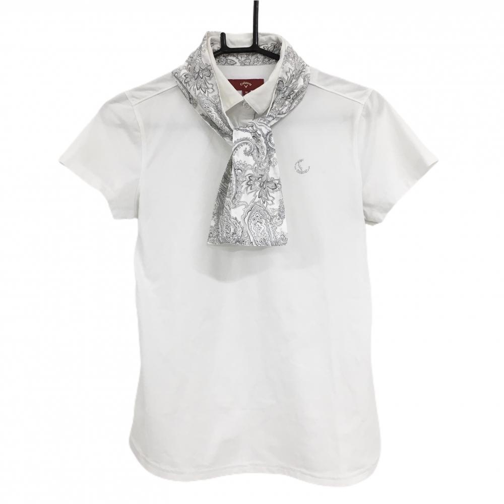 キャロウェイ レッドレーベル 半袖ポロシャツ 白 ロゴラインストーン 一部柄 りぼん付 レディース M ゴルフウェア Callaway