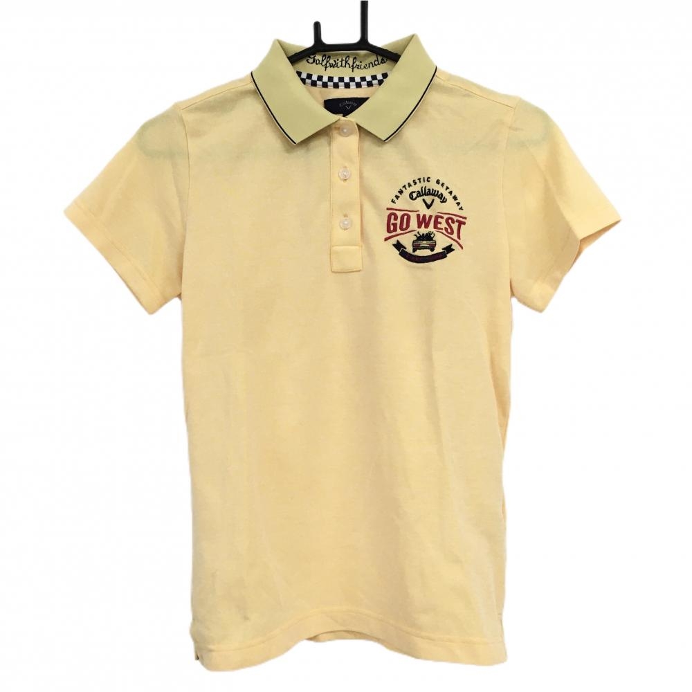 【美品】キャロウェイ 半袖ポロシャツ 杢イエロー系×ネイビー ロゴ刺しゅう  レディース L ゴルフウェア Callaway