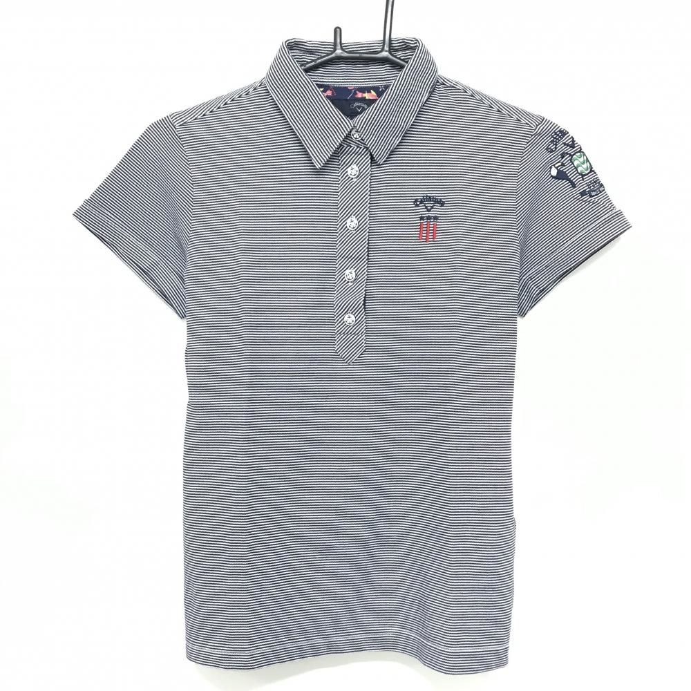 【超美品】キャロウェイ 半袖ポロシャツ 白×ネイビー ボーダー 胸ロゴ レディース M ゴルフウェア Callaway